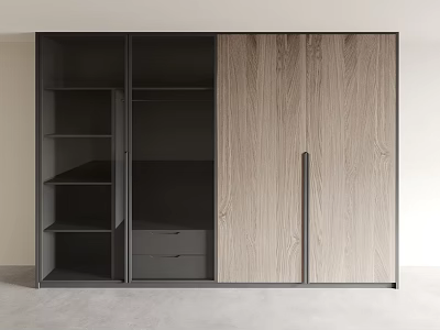 Modern Wardrobe Design With Open Shelves Drawers Dark Frame And Light Wood Panels 3d model