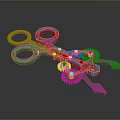 3D Mechanical Model Featuring Blue Scissors Shaped Structure Yellow Rings and Gears