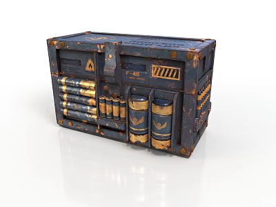 Vintage Rustic Storage Crate With Dark Blue Gold Accents Decorative Straps And Containers 3d model