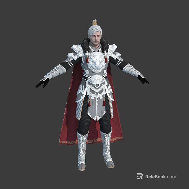White Haired Knight In Silver Armor With Lion Crest And Red Cape 3d model 