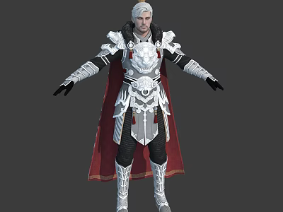 White Haired Knight In Silver Armor With Lion Crest And Red Cape 3d model