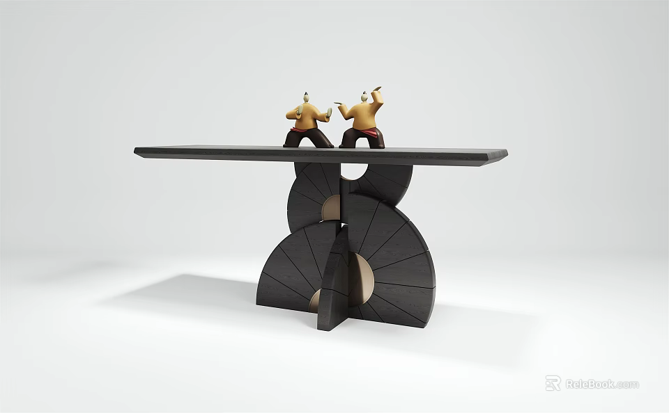 Black Console Table with Two Small Yellow Ornaments and Curved Base Design 3d model