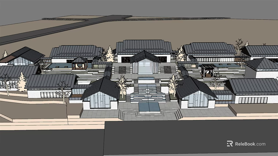 Traditional Guesthouse Building Complex With Courtyard Layout And Tile Roof Design 3d model 