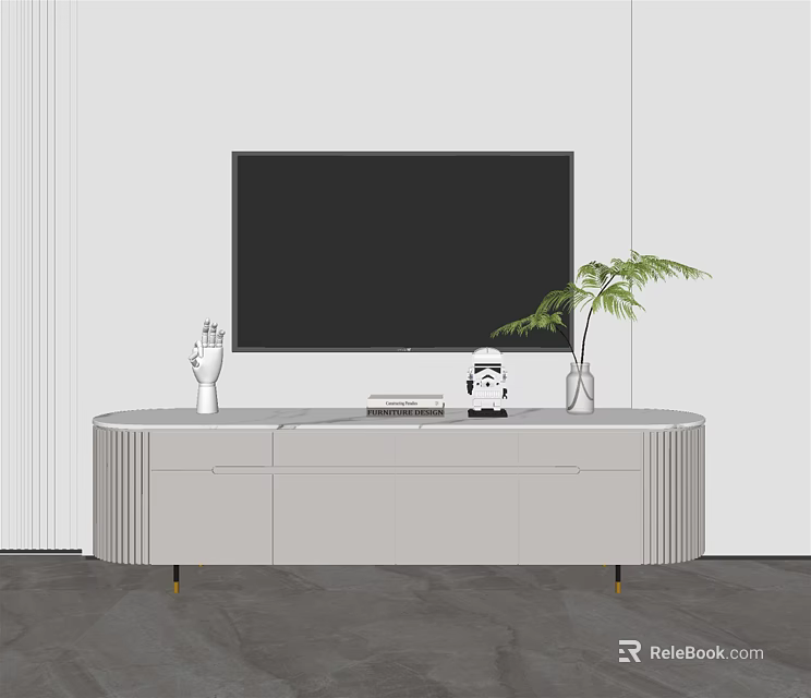 Modern Gray TV Stand With Gold Legs TV Decorative Plants And Books 3d model 