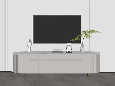 Modern Gray TV Stand With Gold Legs TV Decorative Plants And Books 3d model
