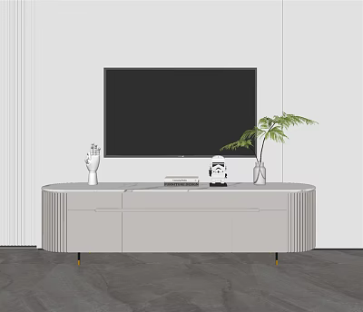 Modern Gray TV Stand With Gold Legs TV Decorative Plants And Books 3d model
