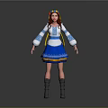 Game Movie Character With Red Hair Colorful Headdress Blue White Dress And Gray Boots