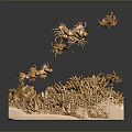 Intricate Golden Coral Like Structure With Flying Elements Gray Background And Reflective Base