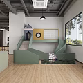 Modern Kids Playroom Interior With Green Slide Staircase Colorful Rug And Large Windows