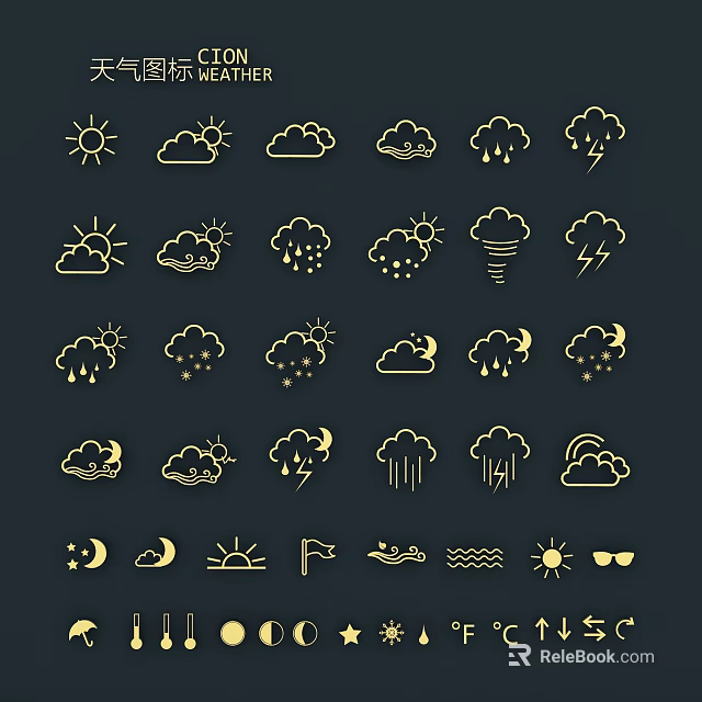 Weather and Nature Icons Wall Decor With Gold Lines On Black Background 3d model 