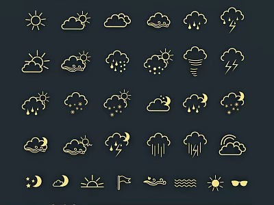 Weather and Nature Icons Wall Decor With Gold Lines On Black Background 3d model