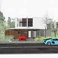 Modern Detached Villa Exterior with Trees Greenery Cars and Illuminated Entrance