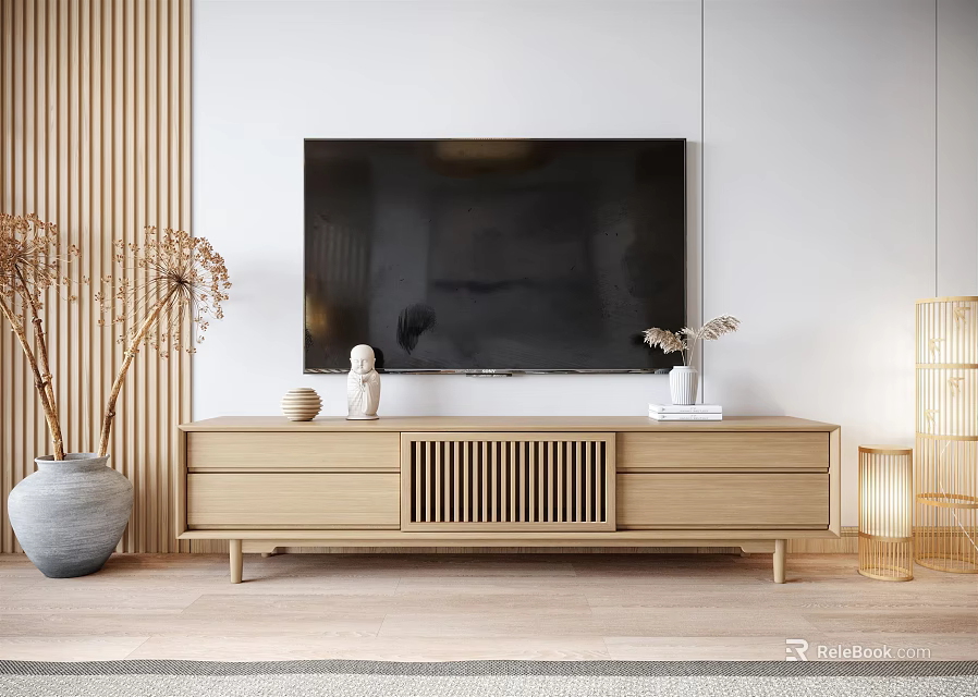 Natural Wood TV Stand With Wooden Wall Panel Decor Items And Potted Plants 3d model 