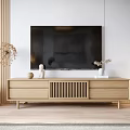 Natural Wood TV Stand With Wooden Wall Panel Decor Items And Potted Plants