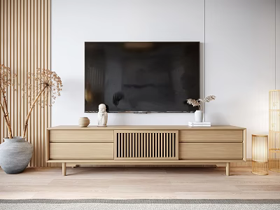 Natural Wood TV Stand With Wooden Wall Panel Decor Items And Potted Plants 3d model