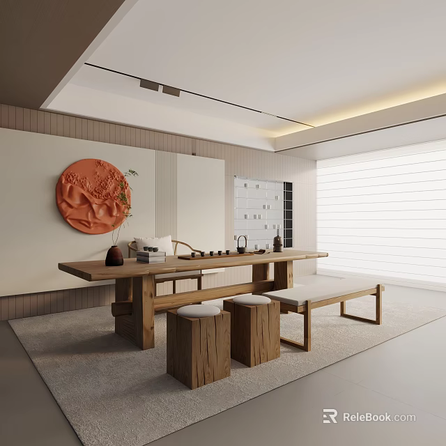 Modern Tea Room Interior With Wooden Long Table Stools And Orange Wall Decor 3d model
