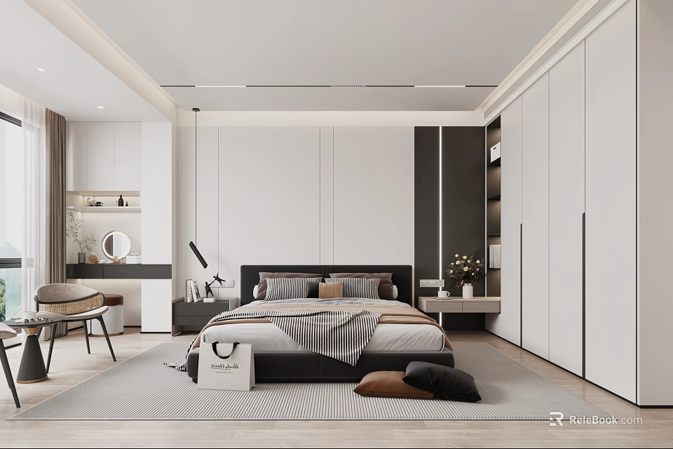 Modern Bedroom Interior Design With King Bed Built In Wardrobes And Dressing Table 3d model 