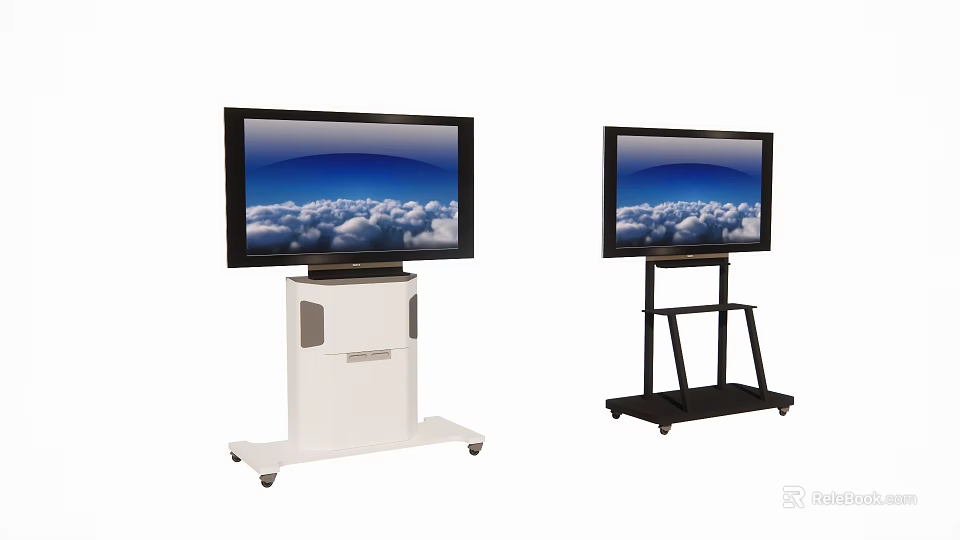 White And Black TV Stands With Monitors Showing Blue Sky Clouds On Wheels 3d model 
