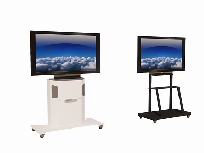 White And Black TV Stands With Monitors Showing Blue Sky Clouds On Wheels 3d model
