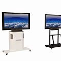 White And Black TV Stands With Monitors Showing Blue Sky Clouds On Wheels