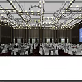 Elegant Banquet Hall With Hanging Chandeliers Large Screen And White Tablecloth Tables On Red Carpet