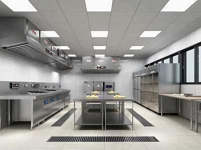 Commercial Kitchen Interior With Stainless Steel Worktables Ventilation System And Storage Cabinets 3d model