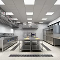Commercial Kitchen Interior With Stainless Steel Worktables Ventilation System And Storage Cabinets 3d model
