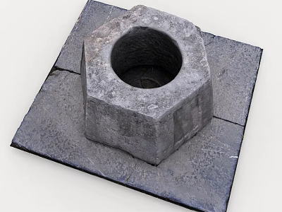 Gray Hexagonal Stone Object With Central Circular Hole On Square Slab 3d model