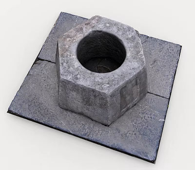 Gray Hexagonal Stone Object With Central Circular Hole On Square Slab 3d model