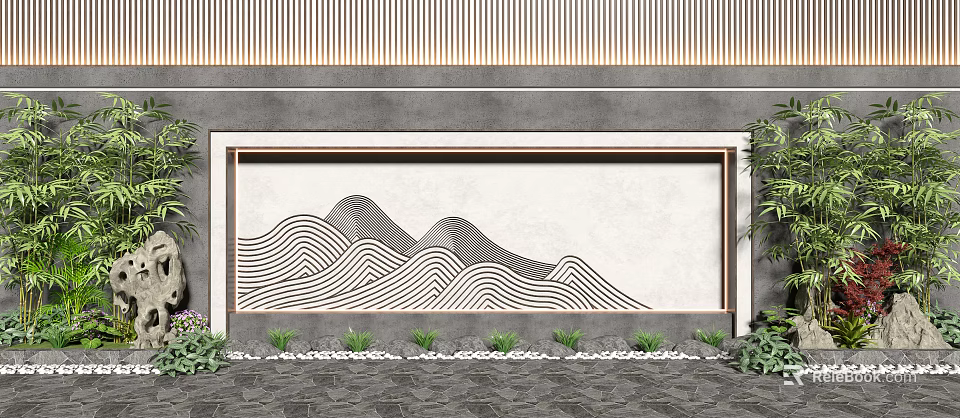 Modern Feature Wall With Black And White Mountain Pattern Small Plants And Pebbles 3d model