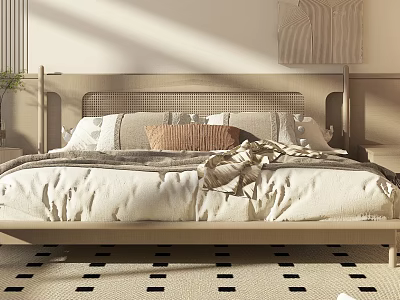 Modern Double Bed With Woven Headboard Plush Pillows Soft Blanket And Geometric Rug 3d model
