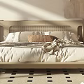 Modern Double Bed With Woven Headboard Plush Pillows Soft Blanket And Geometric Rug