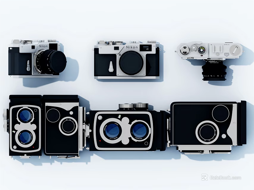Vintage Digital Cameras Various Classic Models in Black and White Display on White Background 3d model 