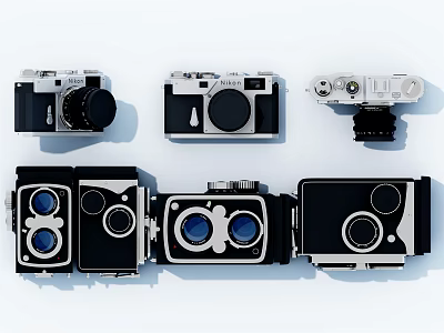 Vintage Digital Cameras Various Classic Models in Black and White Display on White Background 3d model