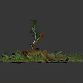 Rustic Tree Stump Scene With Axe Green Plants Grass And Stones
