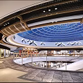 Elegant Modern Shopping Mall Atrium Featuring Glass Ceiling Wooden Accents And Soft Lighting