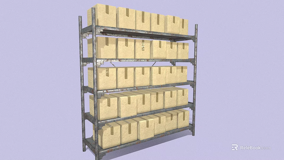 Metal Storage Rack with Multiple Shelves and Neatly Arranged Cardboard Boxes for Efficient Storage 3d model
