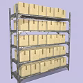 Metal Storage Rack with Multiple Shelves and Neatly Arranged Cardboard Boxes for Efficient Storage 3d model