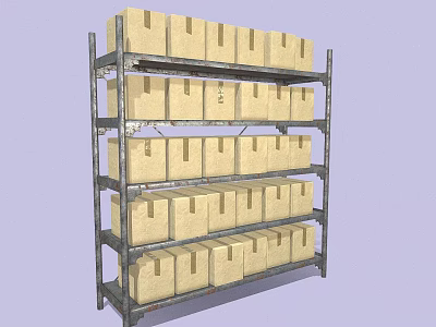 Metal Storage Rack with Multiple Shelves and Neatly Arranged Cardboard Boxes for Efficient Storage 3d model