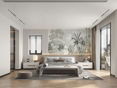 Modern Bedroom Interior Design With Landscape Headboard Mural Large Windows Nightstand Lamps And Ottoman 3d model