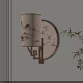Traditional Chinese Wall Lamp With Landscape Shade Bamboo And Round Wooden Frame