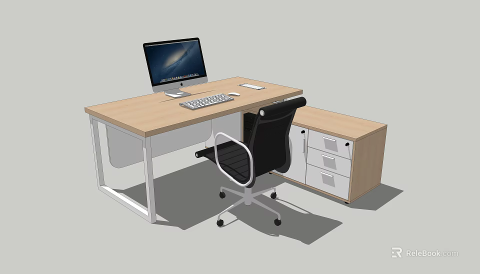 Modern Office Desk With Wooden Desktop White Legs Drawer Cabinet And Black Chair 3d model 