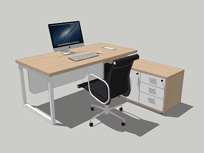 Modern Office Desk With Wooden Desktop White Legs Drawer Cabinet And Black Chair 3d model