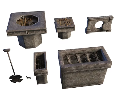 Stone Construction Components With Various Shapes Grates And Drainage Features 3d model