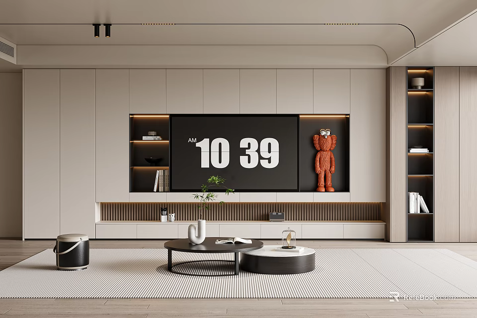 Modern TV Wall In Minimalist Living Room With Shelves And Decor 3d model 