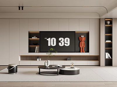 Modern TV Wall In Minimalist Living Room With Shelves And Decor 3d model