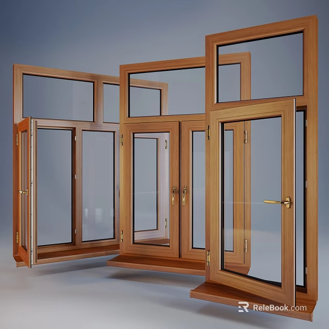 Wooden Casement Windows With Transparent Glass And Multiple Open Positions 3d model 