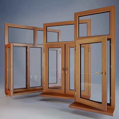 Wooden Casement Windows With Transparent Glass And Multiple Open Positions 3d model