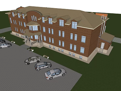 Multi Story Brick Building Exterior With Parking Lot And Parked Cars 3d model