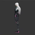 Futuristic Female Character With White Pink Hair And Black Pink Mechanical Armor In 3D Model Design